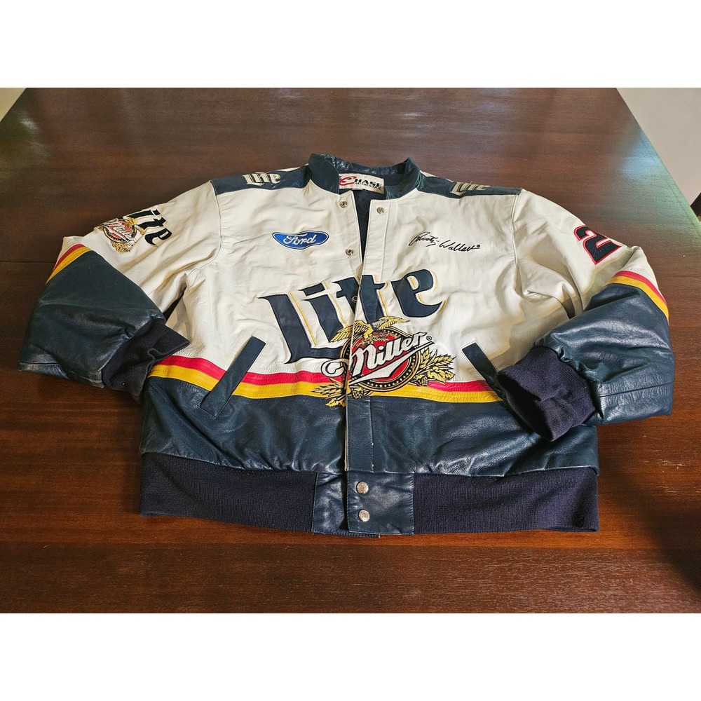 Chase Authentics Racing Jacket Mens XL White Miller Lite Rusty Wallace Leather